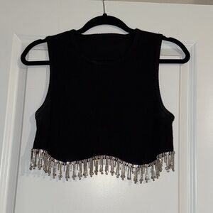 Black Sleeveless Top with Silver Beaded Fringe